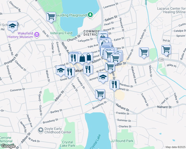 map of restaurants, bars, coffee shops, grocery stores, and more near 39 Armory Street in Wakefield