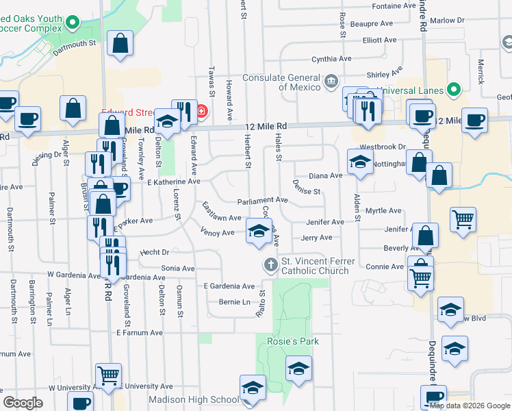 map of restaurants, bars, coffee shops, grocery stores, and more near 28509 Herbert Street in Madison Heights