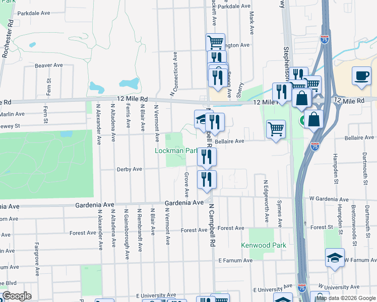 map of restaurants, bars, coffee shops, grocery stores, and more near 1216 Grove Avenue in Royal Oak