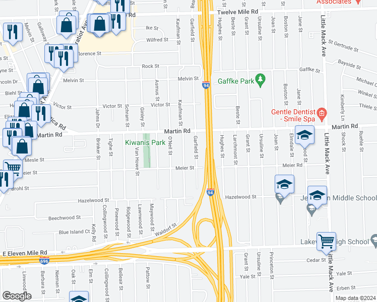 map of restaurants, bars, coffee shops, grocery stores, and more near 27826 Kaufman Street in Roseville