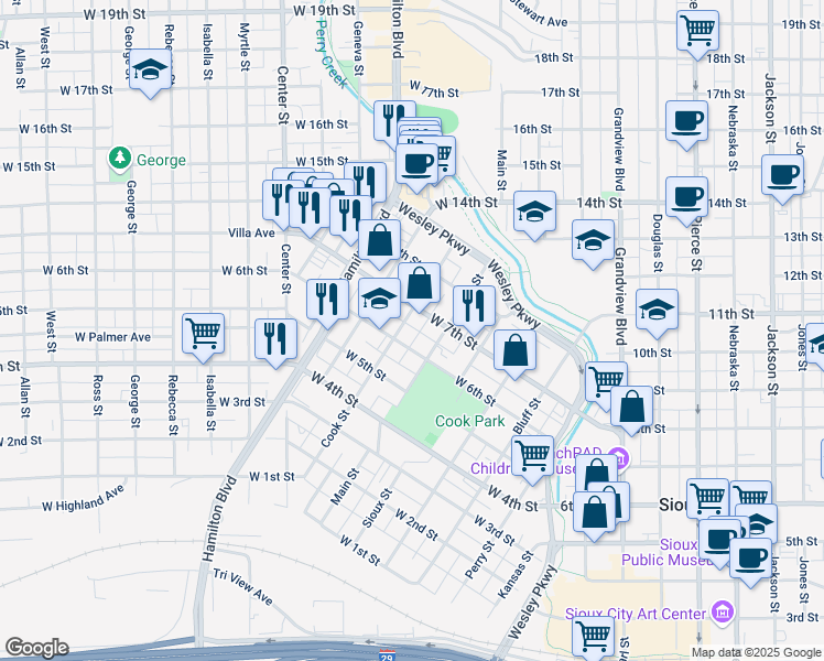 map of restaurants, bars, coffee shops, grocery stores, and more near 609 Main Street in Sioux City