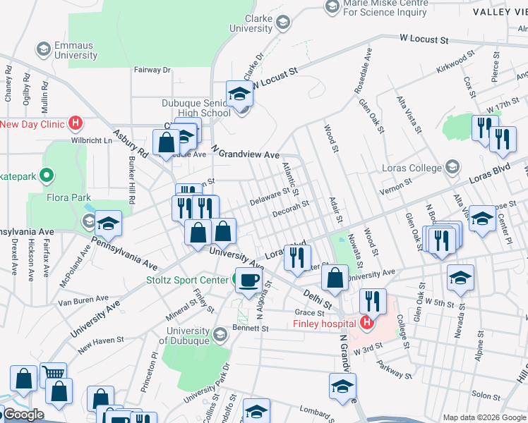 map of restaurants, bars, coffee shops, grocery stores, and more near 1901-1999 Decorah St in Dubuque