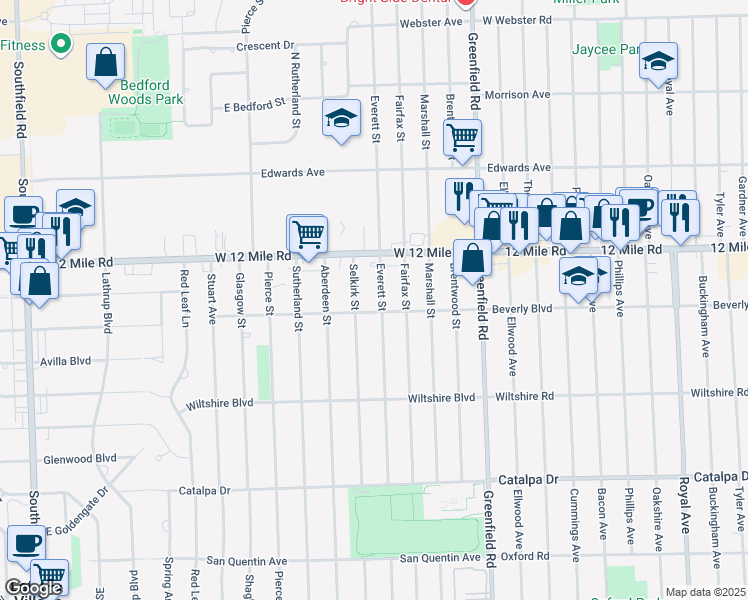 map of restaurants, bars, coffee shops, grocery stores, and more near 28723 Everett Street in Southfield