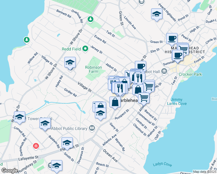 map of restaurants, bars, coffee shops, grocery stores, and more near 30 Bessom Street in Marblehead
