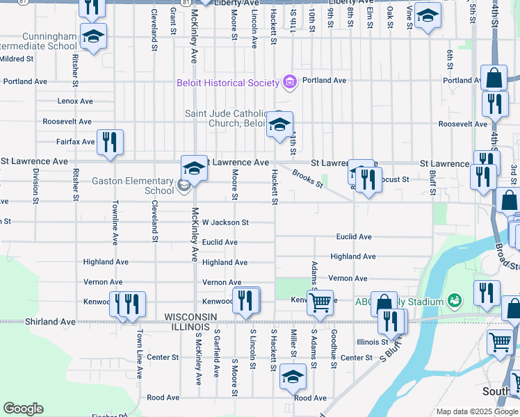 map of restaurants, bars, coffee shops, grocery stores, and more near 1111 West Jackson Street in Beloit