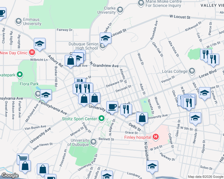 map of restaurants, bars, coffee shops, grocery stores, and more near 1901-1999 Decorah St in Dubuque