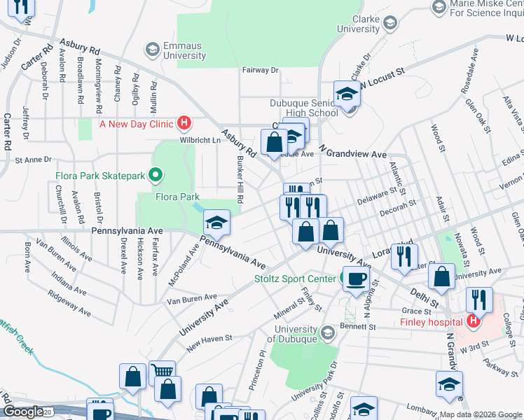 map of restaurants, bars, coffee shops, grocery stores, and more near 1745 Finley St in Dubuque