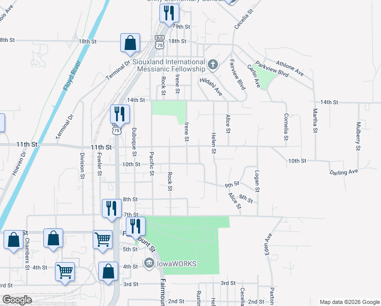 map of restaurants, bars, coffee shops, grocery stores, and more near 2801-2899 10th Street in Sioux City