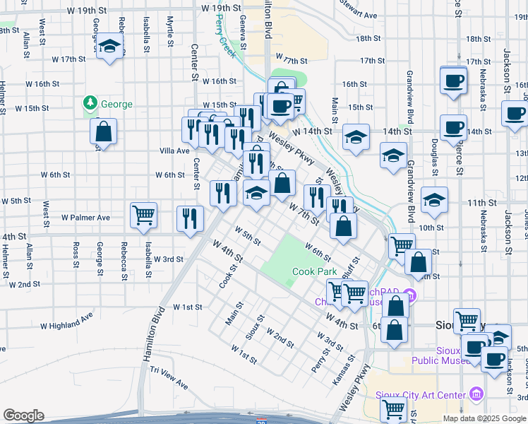 map of restaurants, bars, coffee shops, grocery stores, and more near in Sioux City