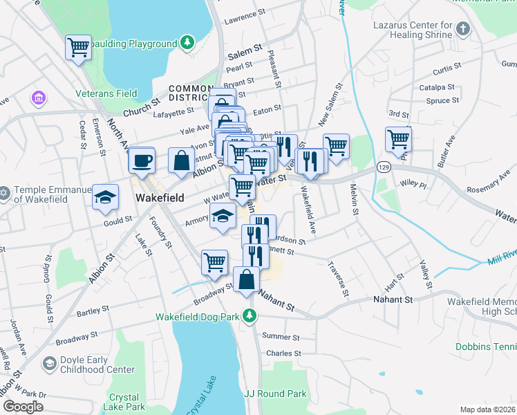 map of restaurants, bars, coffee shops, grocery stores, and more near 478 Main Street in Wakefield