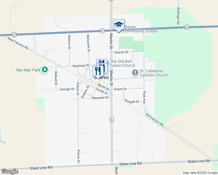 map of restaurants, bars, coffee shops, grocery stores, and more near 102 North Street in Sharon