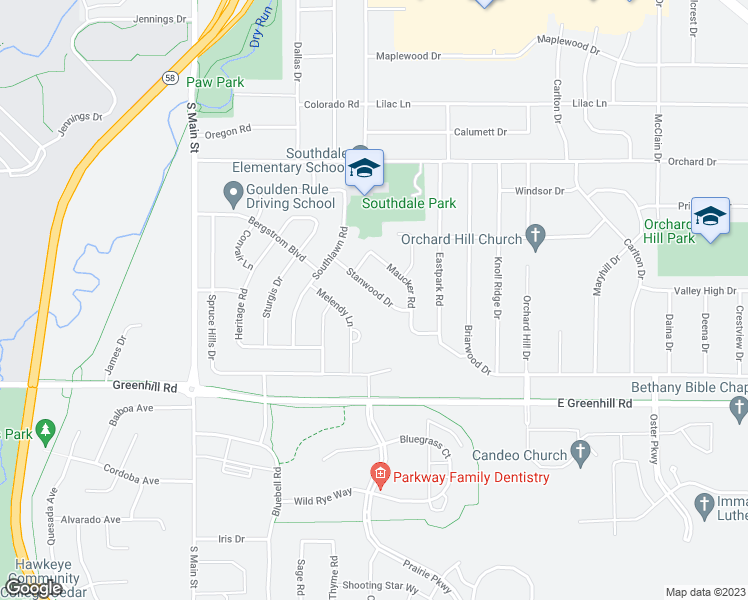 map of restaurants, bars, coffee shops, grocery stores, and more near 715 Stanwood Drive in Cedar Falls