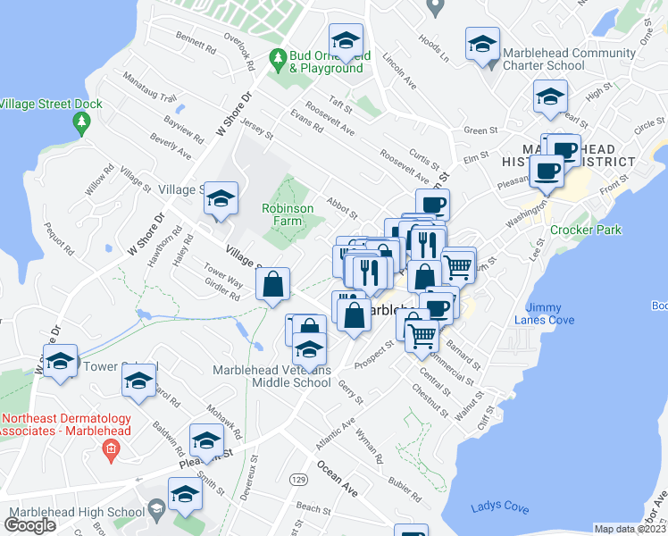 map of restaurants, bars, coffee shops, grocery stores, and more near 30 Bessom Street in Marblehead