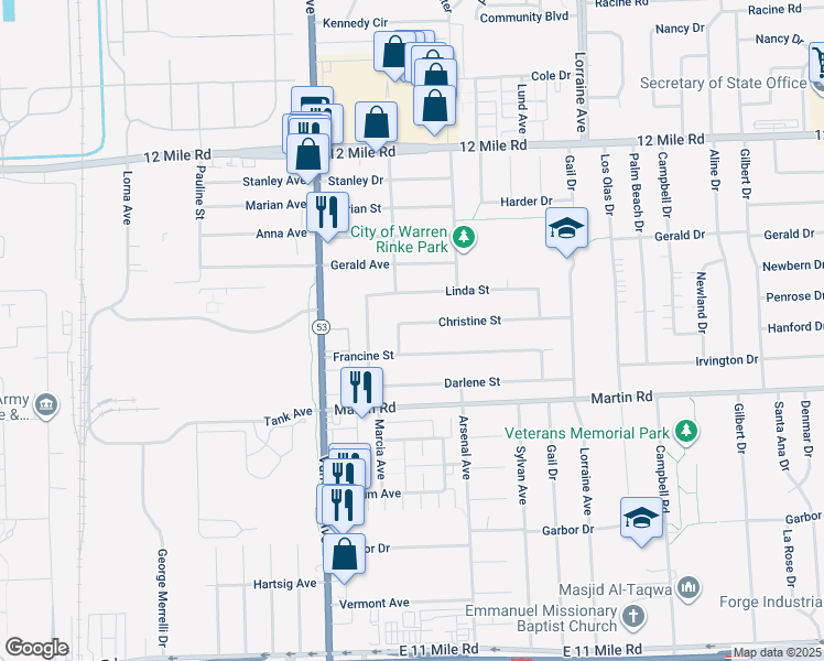 map of restaurants, bars, coffee shops, grocery stores, and more near 8215 Francine Street in Warren
