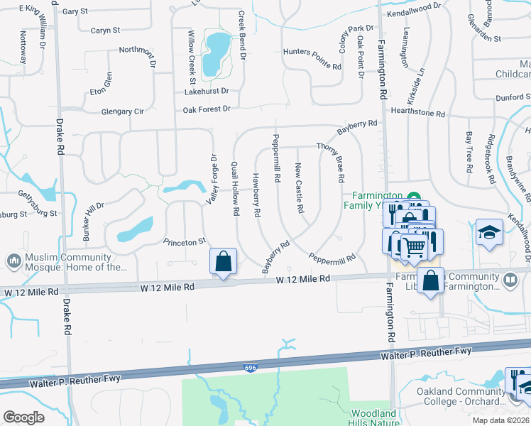 map of restaurants, bars, coffee shops, grocery stores, and more near 28211 Peppermill Road in Farmington Hills