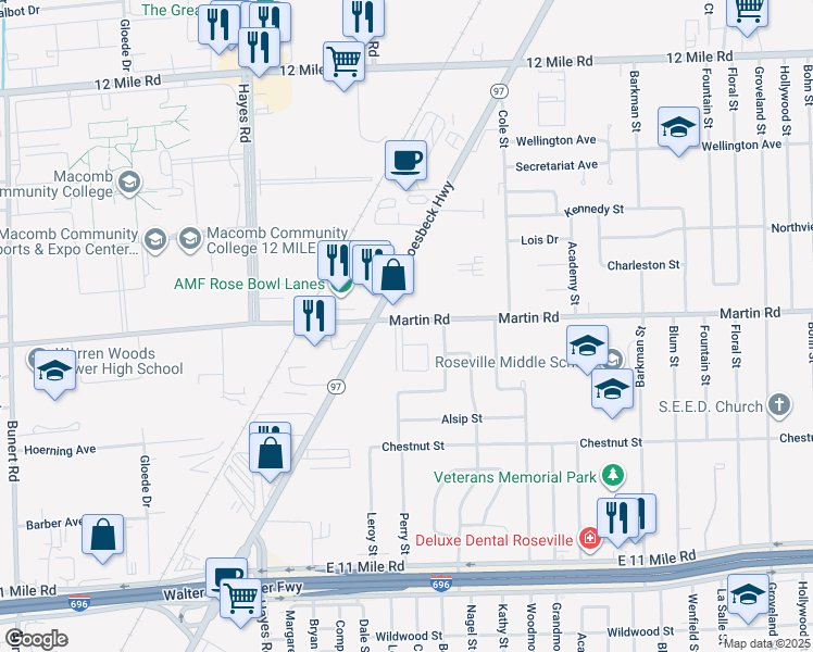 map of restaurants, bars, coffee shops, grocery stores, and more near 15876 Orchard Lane in Roseville