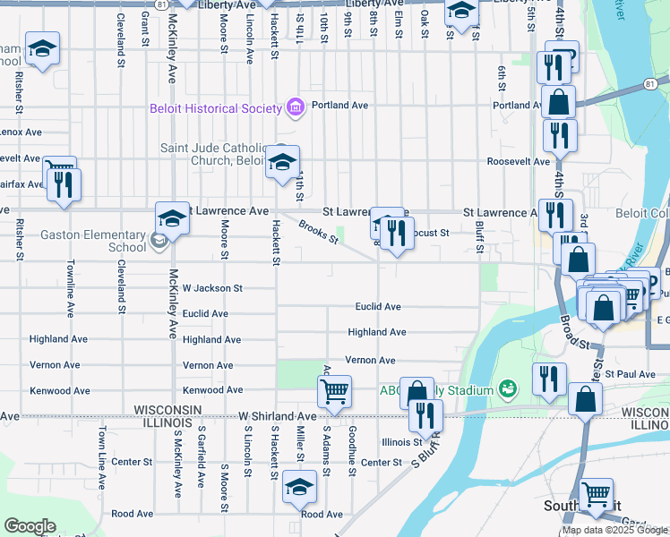 map of restaurants, bars, coffee shops, grocery stores, and more near 750 West Grand Avenue in Beloit