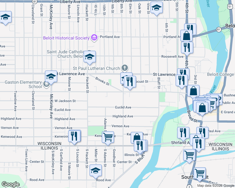 map of restaurants, bars, coffee shops, grocery stores, and more near 718 West Grand Avenue in Beloit
