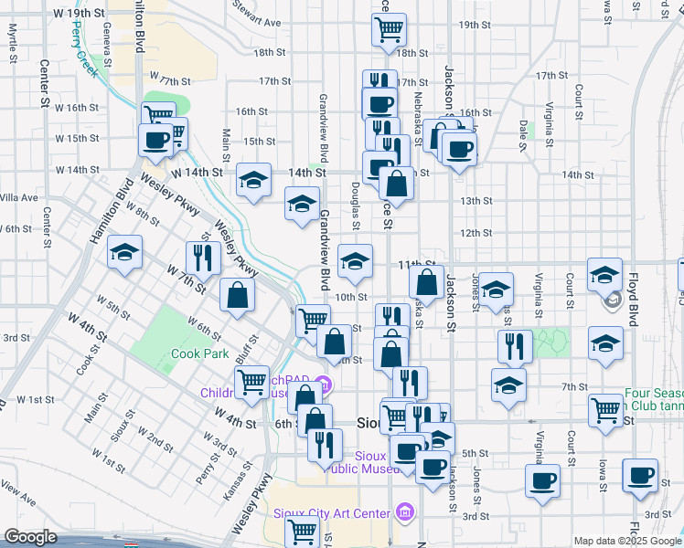map of restaurants, bars, coffee shops, grocery stores, and more near 1021 Douglas Street in Sioux City