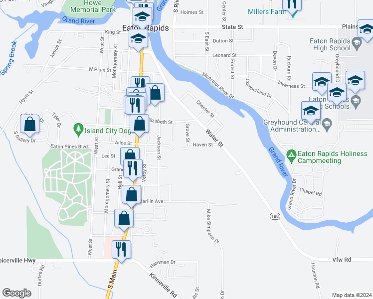 map of restaurants, bars, coffee shops, grocery stores, and more near 414 Haven Street in Eaton Rapids