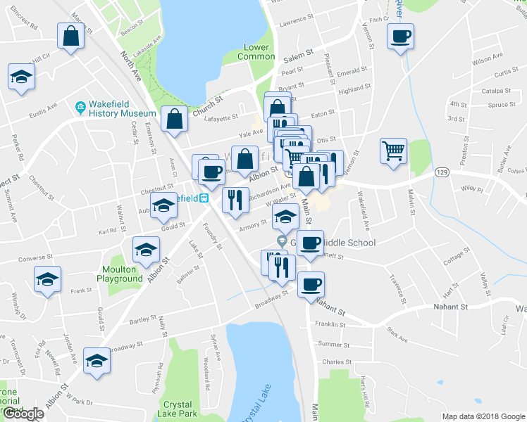 map of restaurants, bars, coffee shops, grocery stores, and more near 24 Armory Street in Wakefield