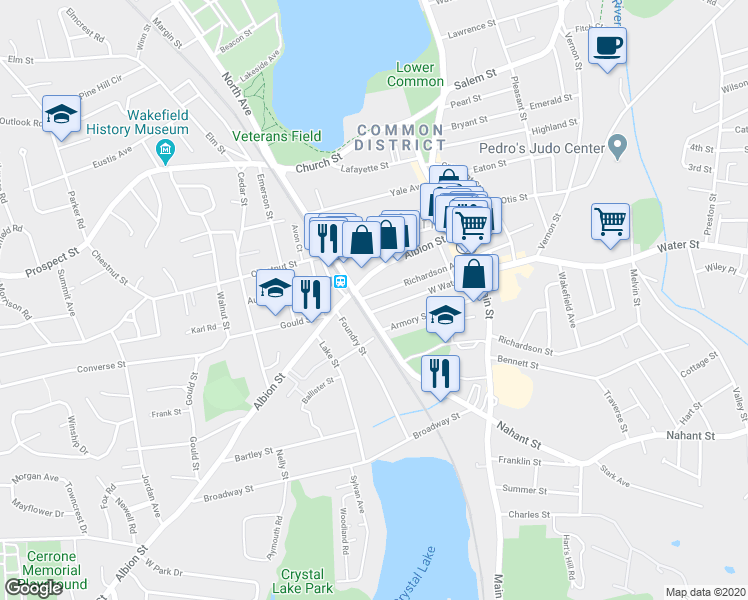map of restaurants, bars, coffee shops, grocery stores, and more near 94 North Avenue in Wakefield