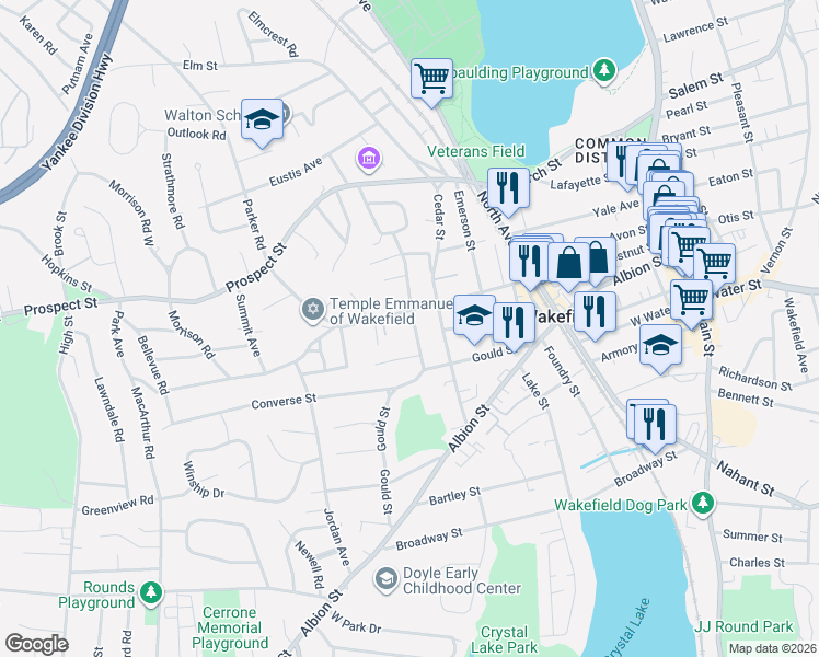 map of restaurants, bars, coffee shops, grocery stores, and more near 12 Walnut Street in Wakefield