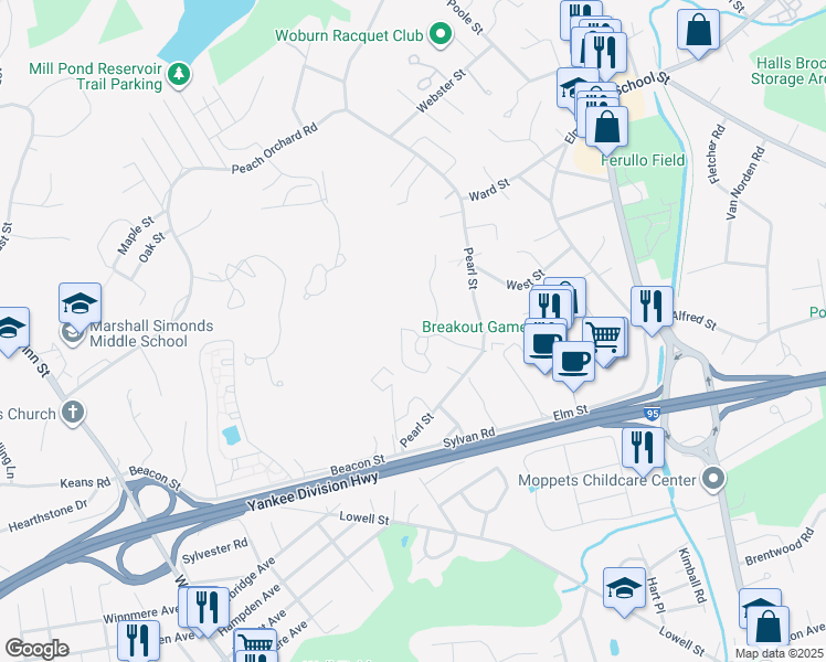 map of restaurants, bars, coffee shops, grocery stores, and more near 1 Kimball Court in Woburn