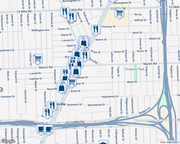 map of restaurants, bars, coffee shops, grocery stores, and more near 18355 Mesle Street in Roseville