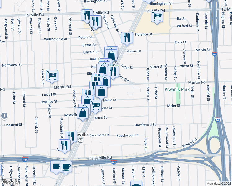 map of restaurants, bars, coffee shops, grocery stores, and more near 18355 Mesle Street in Roseville