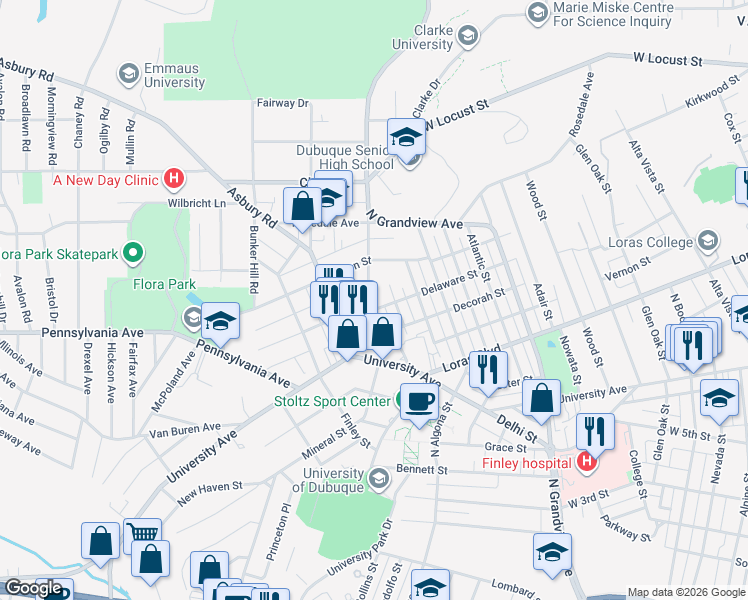 map of restaurants, bars, coffee shops, grocery stores, and more near 2222 Cherry Street in Dubuque