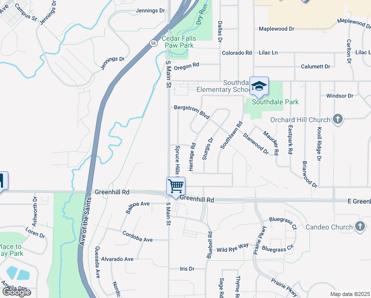 map of restaurants, bars, coffee shops, grocery stores, and more near 125 Westgate Avenue in Cedar Falls