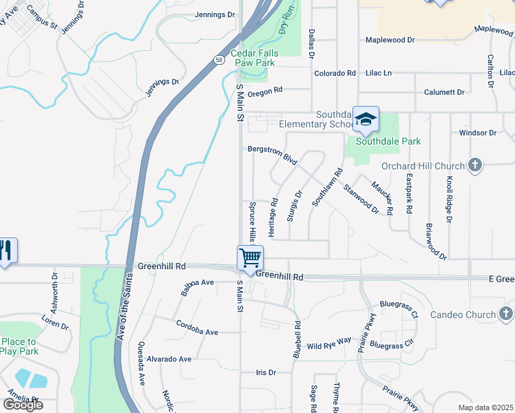 map of restaurants, bars, coffee shops, grocery stores, and more near 125 Westgate Avenue in Cedar Falls