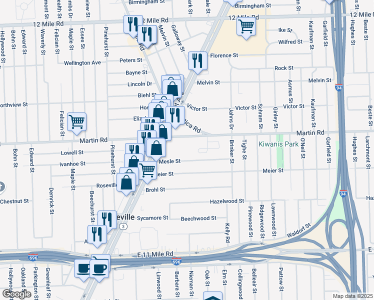 map of restaurants, bars, coffee shops, grocery stores, and more near 18355 Mesle Street in Roseville