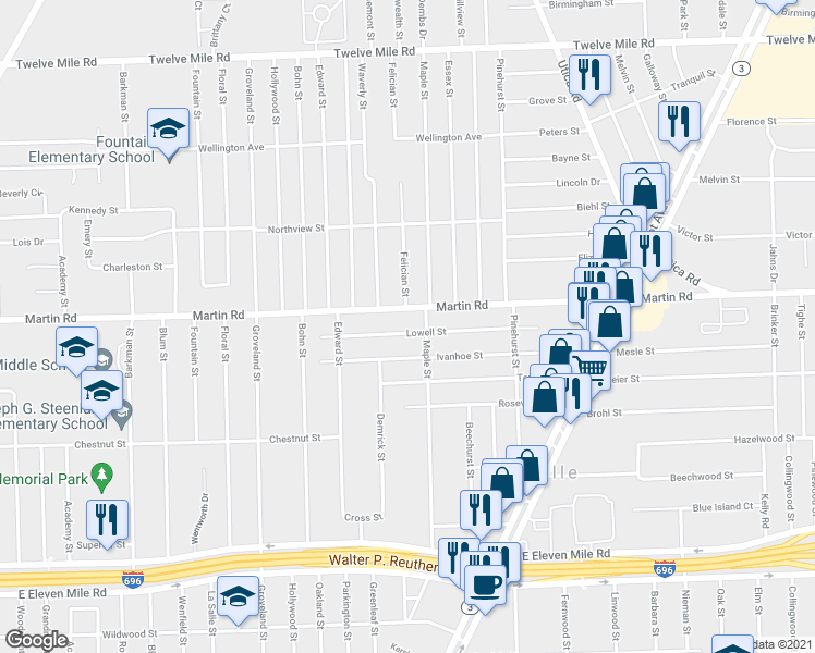 map of restaurants, bars, coffee shops, grocery stores, and more near 17359 Lowell Street in Roseville