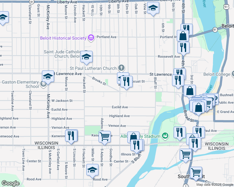 map of restaurants, bars, coffee shops, grocery stores, and more near 708 West Grand Avenue in Beloit