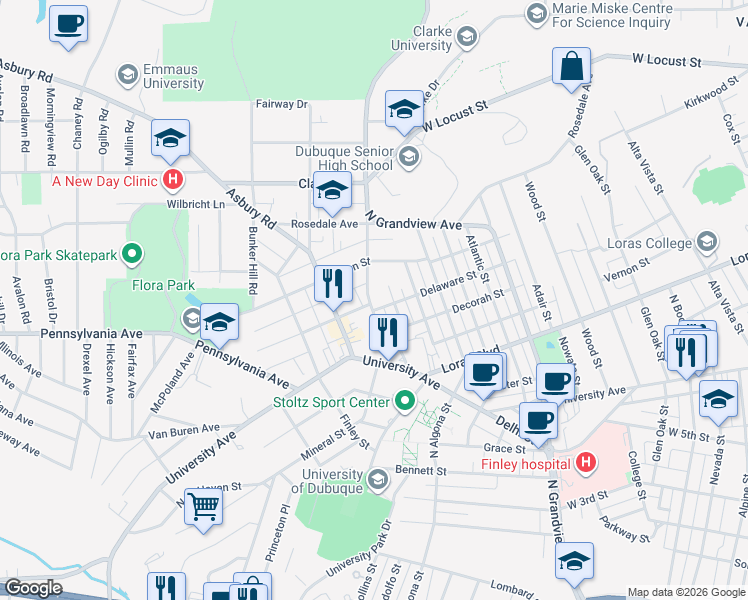 map of restaurants, bars, coffee shops, grocery stores, and more near 2222 Cherry Street in Dubuque