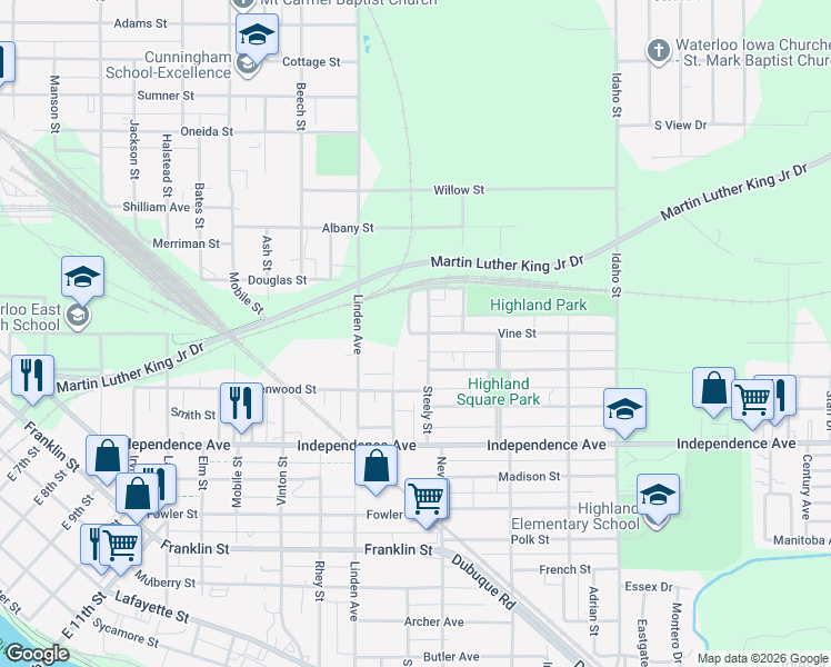 map of restaurants, bars, coffee shops, grocery stores, and more near Vine Street in Waterloo