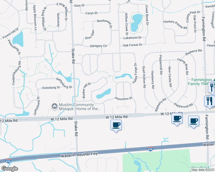 map of restaurants, bars, coffee shops, grocery stores, and more near 34714 Bunker Hill Drive in Farmington Hills
