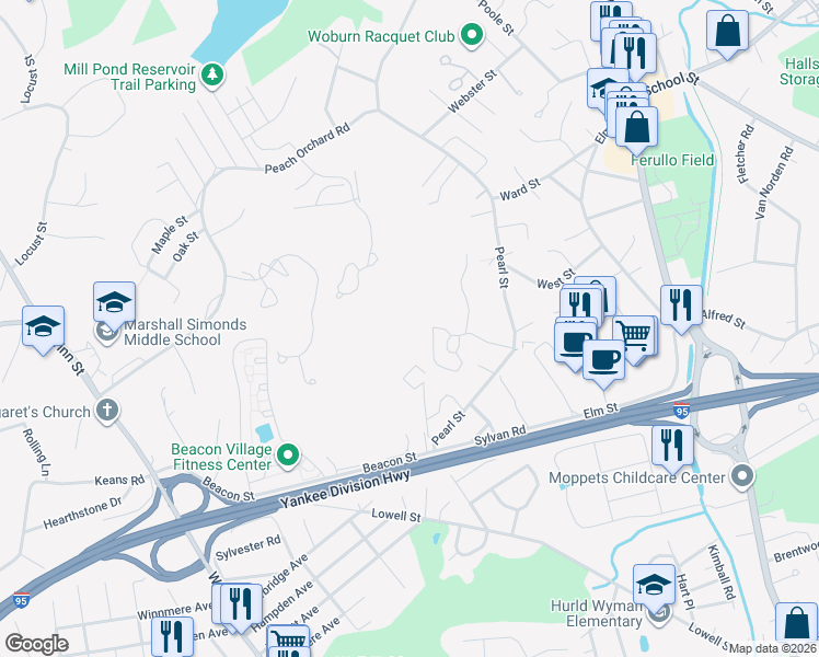 map of restaurants, bars, coffee shops, grocery stores, and more near 8 Kimball Court in Burlington