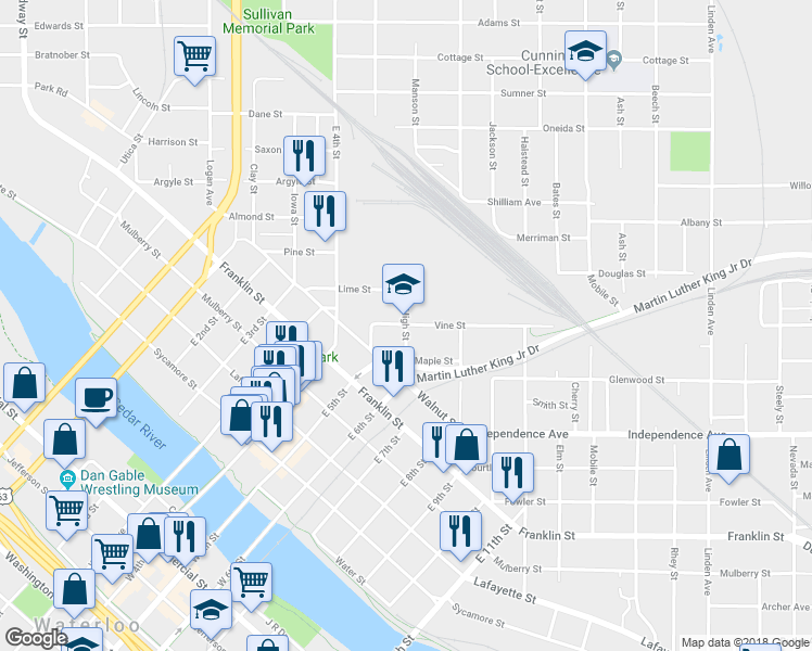 map of restaurants, bars, coffee shops, grocery stores, and more near High Street in Waterloo