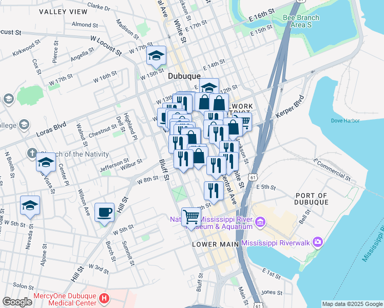 map of restaurants, bars, coffee shops, grocery stores, and more near 890 Main Street in Dubuque