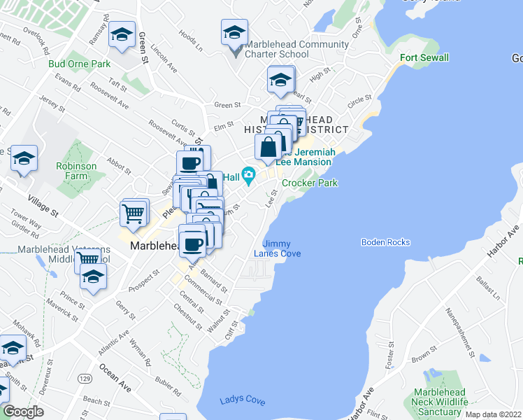 map of restaurants, bars, coffee shops, grocery stores, and more near 42 Lee Street in Marblehead
