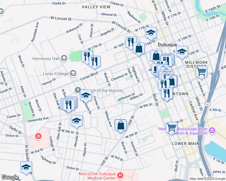 map of restaurants, bars, coffee shops, grocery stores, and more near 695 West 11th Street in Dubuque