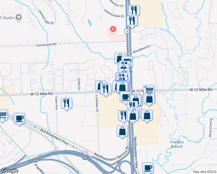map of restaurants, bars, coffee shops, grocery stores, and more near 24700 West 12 Mile Road in Southfield