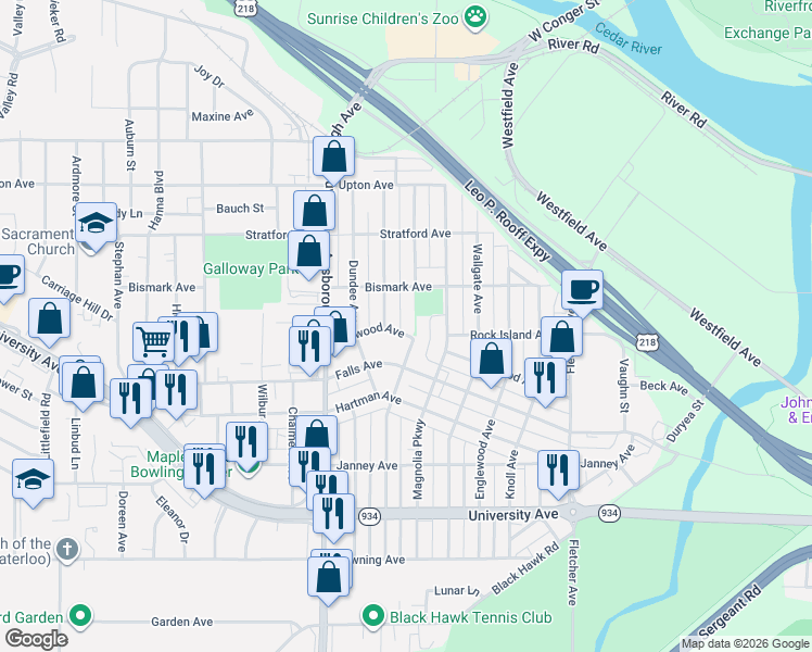 map of restaurants, bars, coffee shops, grocery stores, and more near 740 Magnolia Parkway in Waterloo