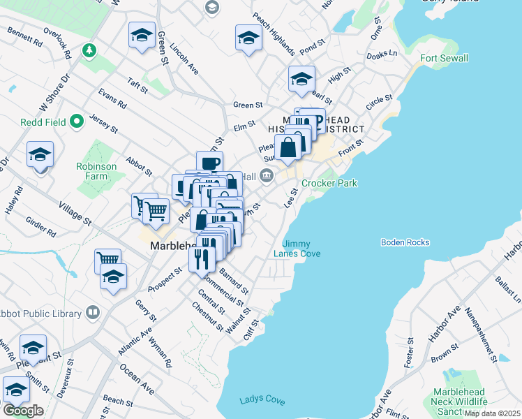 map of restaurants, bars, coffee shops, grocery stores, and more near 16 Waldron Street in Marblehead