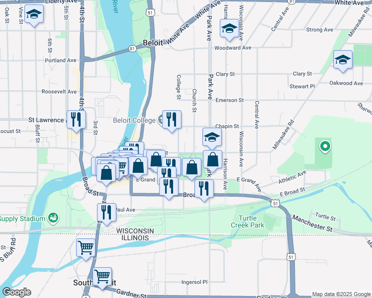 map of restaurants, bars, coffee shops, grocery stores, and more near 617 Public Avenue in Beloit