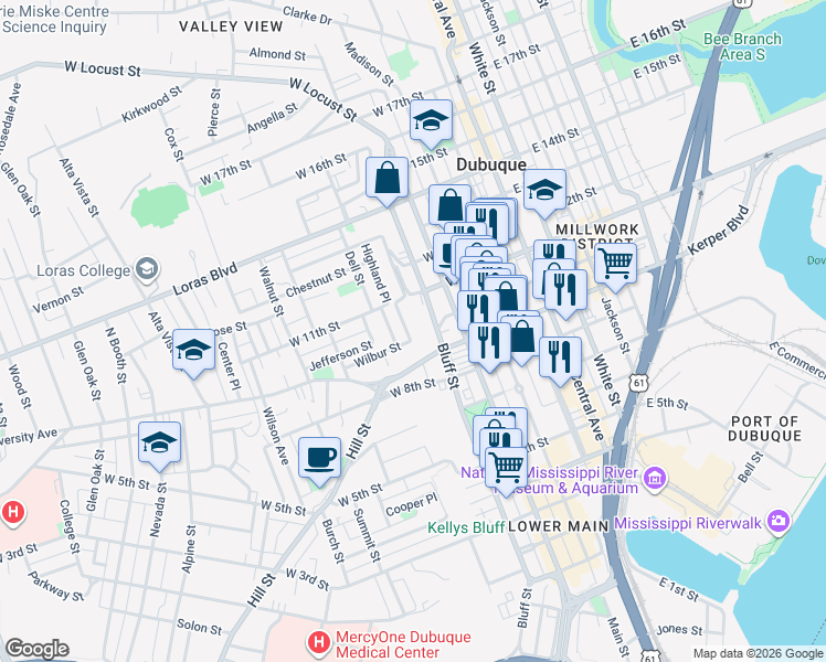 map of restaurants, bars, coffee shops, grocery stores, and more near 431 West 9th Street in Dubuque
