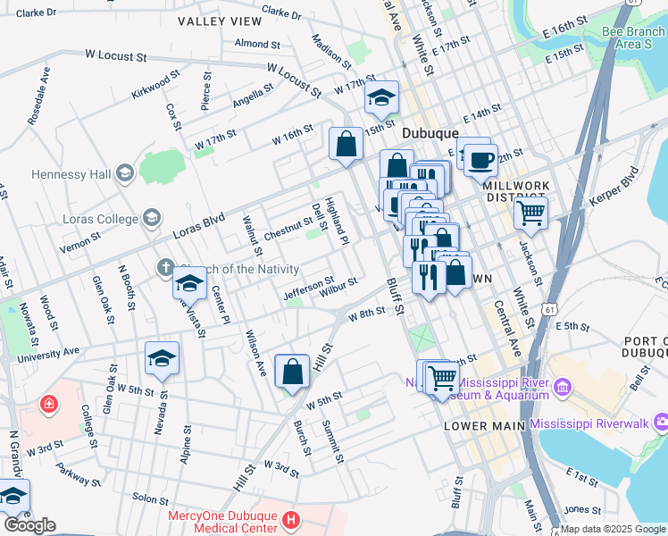 map of restaurants, bars, coffee shops, grocery stores, and more near 501-571 Wilbur Street in Dubuque